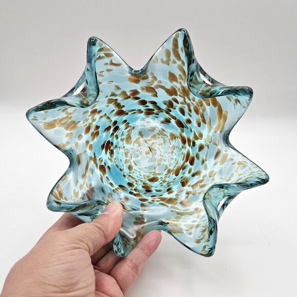 Art Glass Ruffle Bowl Dish Blue Aqua Brown Splatters Murano-like Star Fish - Picture 4 of 12